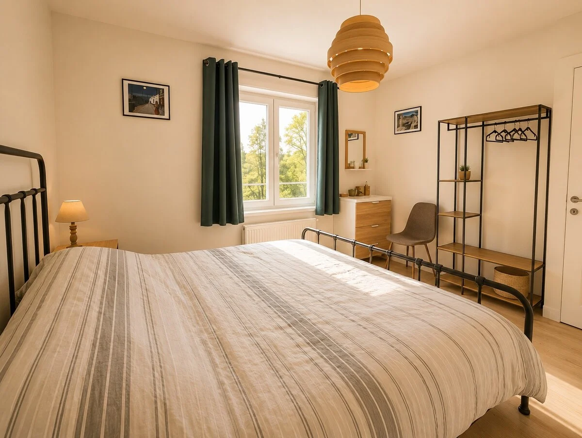 Chambre king size — rideaux verts